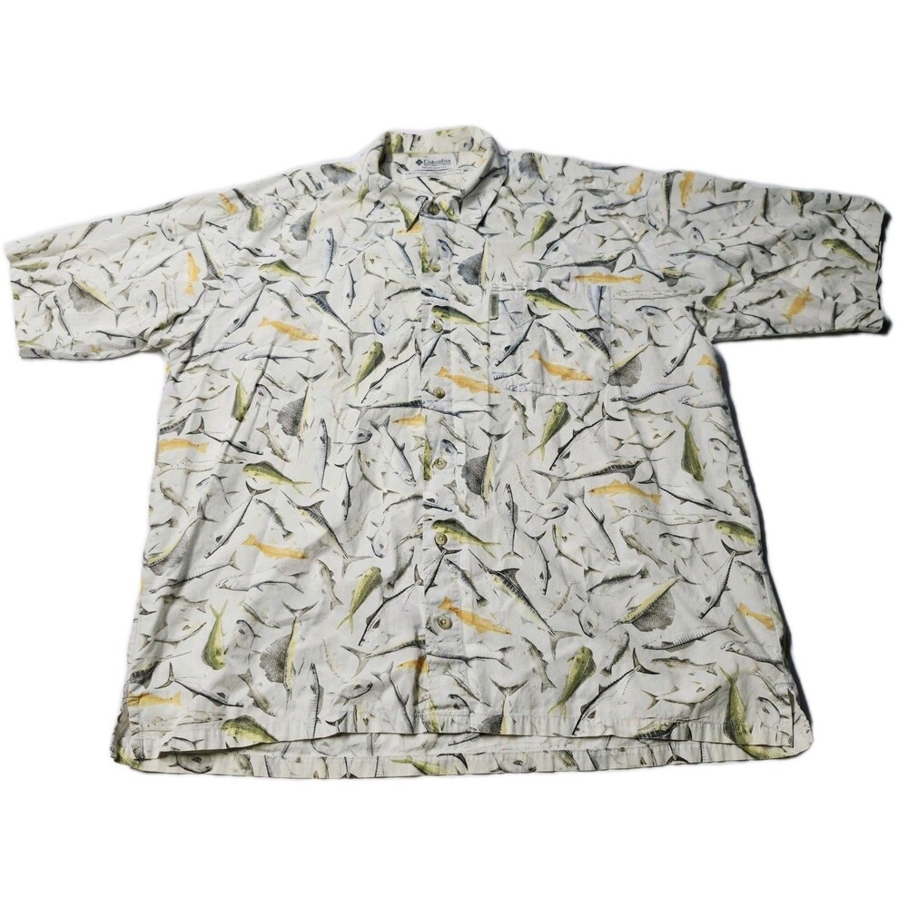 Vintage 90s Columbia All Over Fish Print Shirt XXL Gorpcore Fishing Button Up